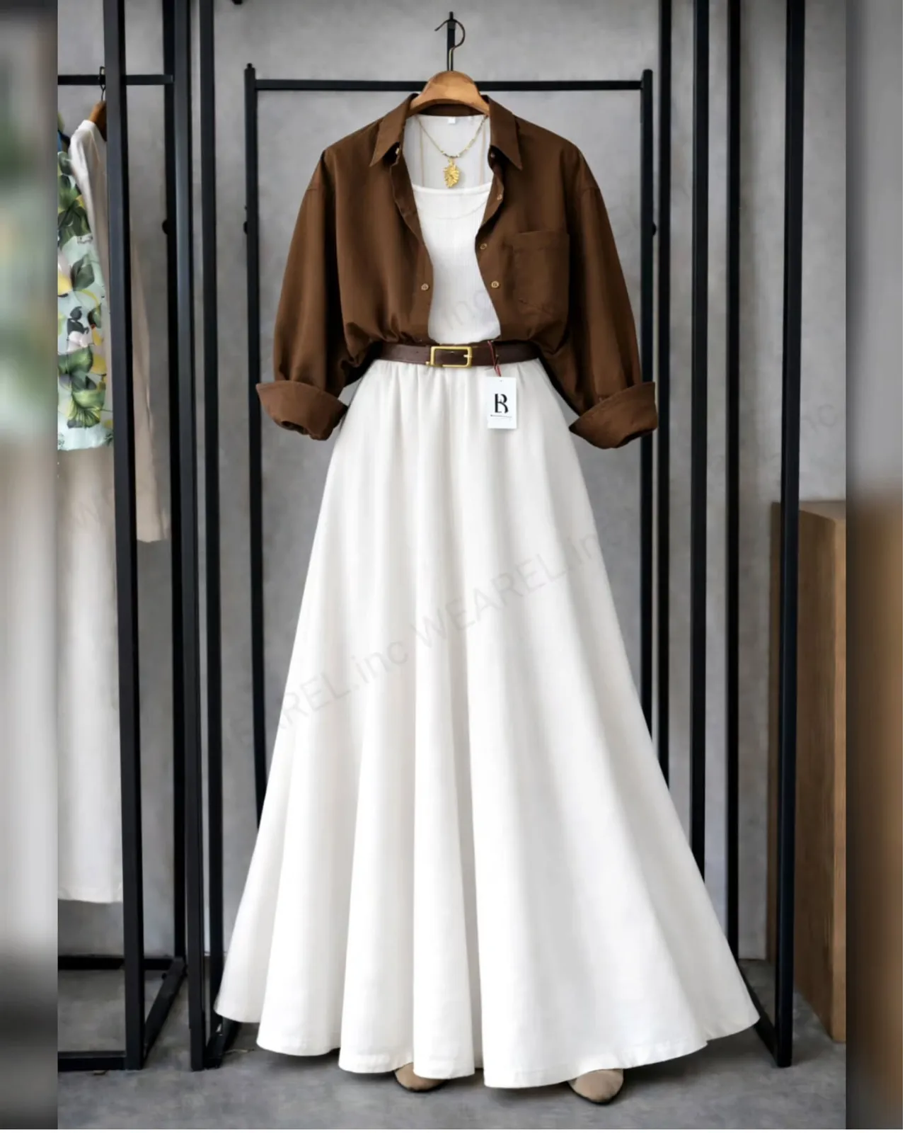 Chic Minimalist Earth-Tone Maxi Skirt & Shirt Set - Image 2