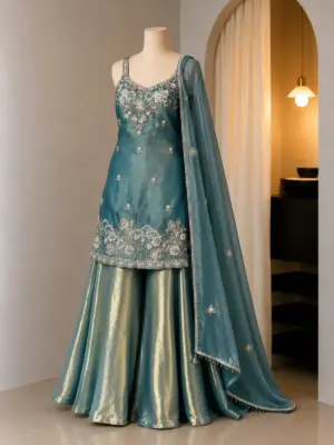 Regal Teal Embroidered Sharara & Dupatta Set