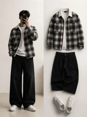 Monochrome Plaid Sherpa Jacket & Wide-Leg Black Denim Combo