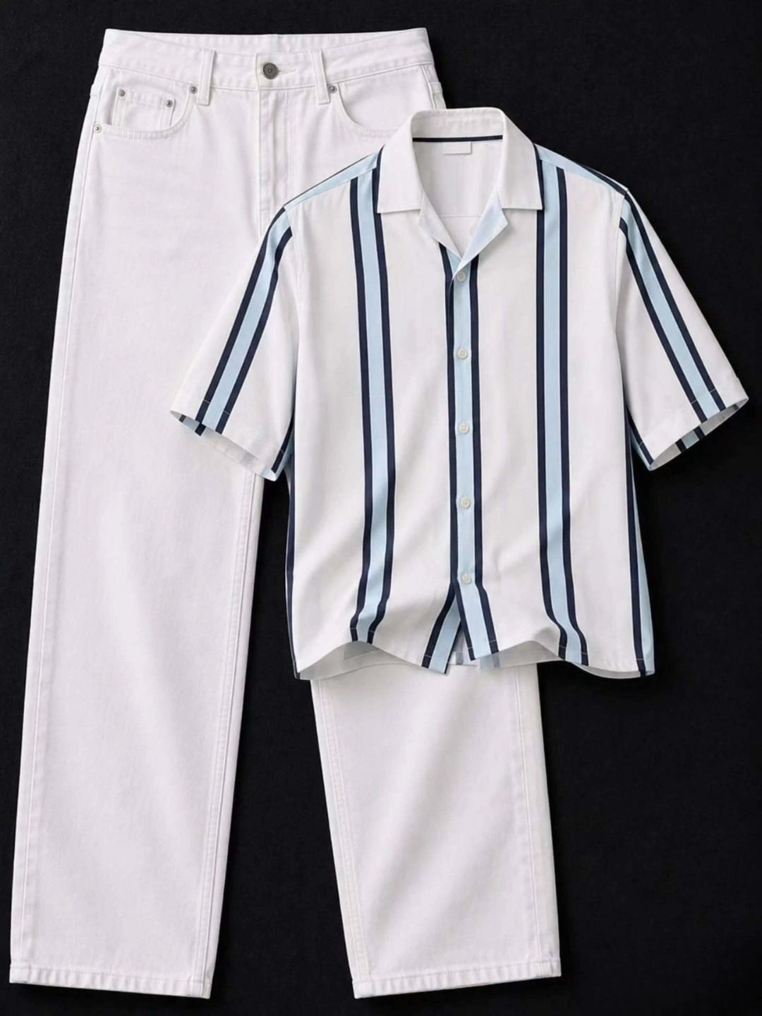 Striking Black Striped Short-Sleeve Shirt & White Denim Combo - Image 4