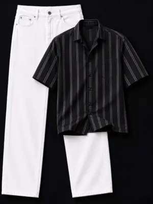 Striking Black Striped Short-Sleeve Shirt & White Denim Combo