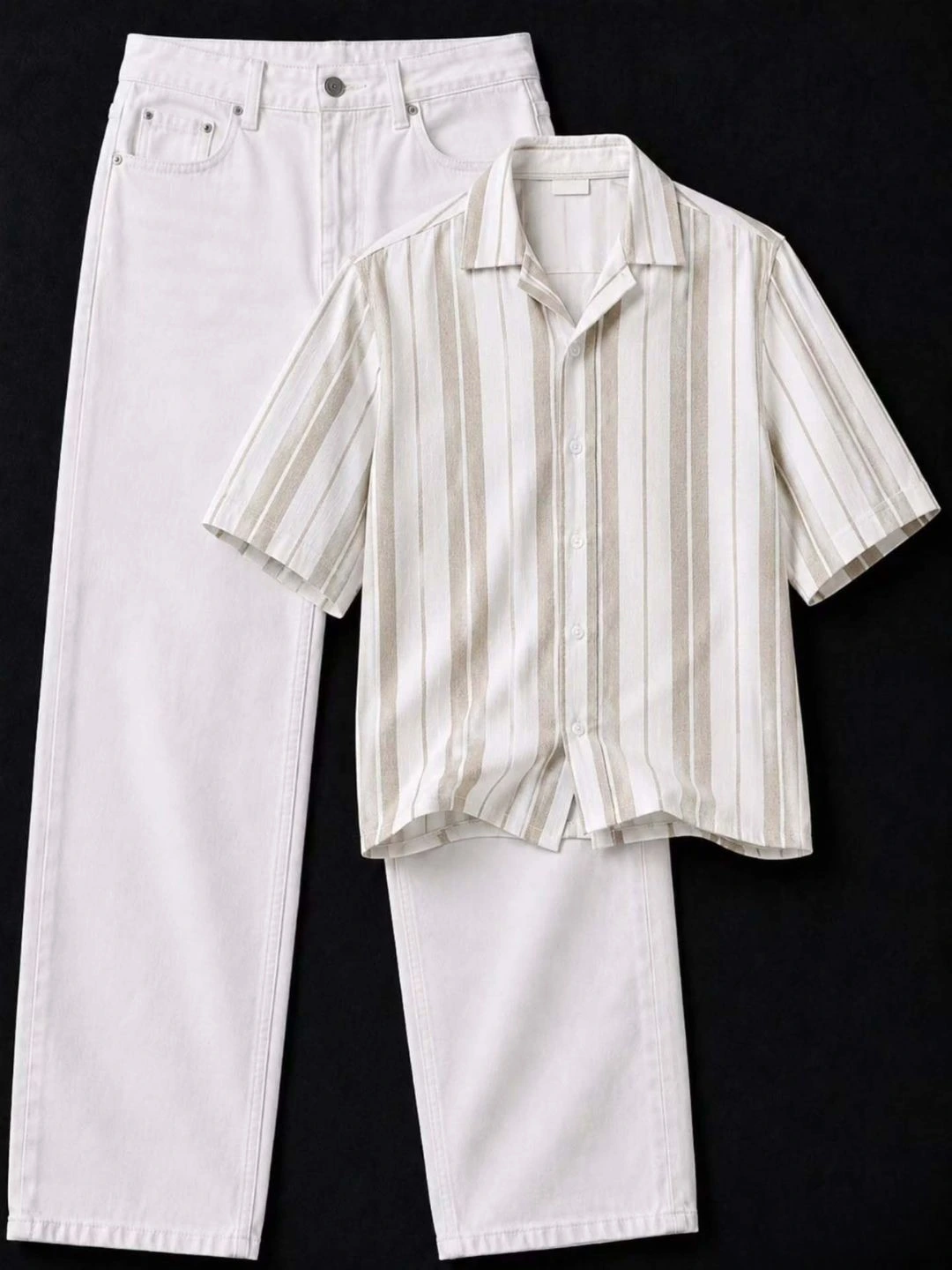 Striking Black Striped Short-Sleeve Shirt & White Denim Combo - Image 2