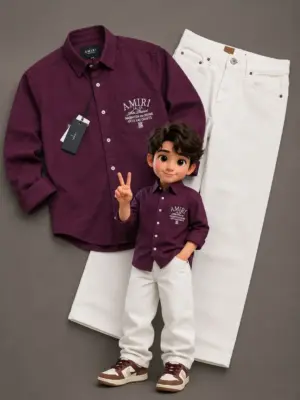 Boys Premium Streetwear Plum Graphic Shirt & Crisp White Denim