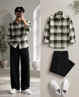 Earthy Tones Olive Green Plaid Shirt & Relaxed Black Denim