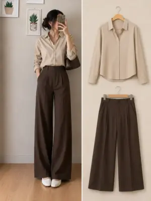 Chic Neutral Tones Beige Button-Down & Espresso Wide-Leg Trousers