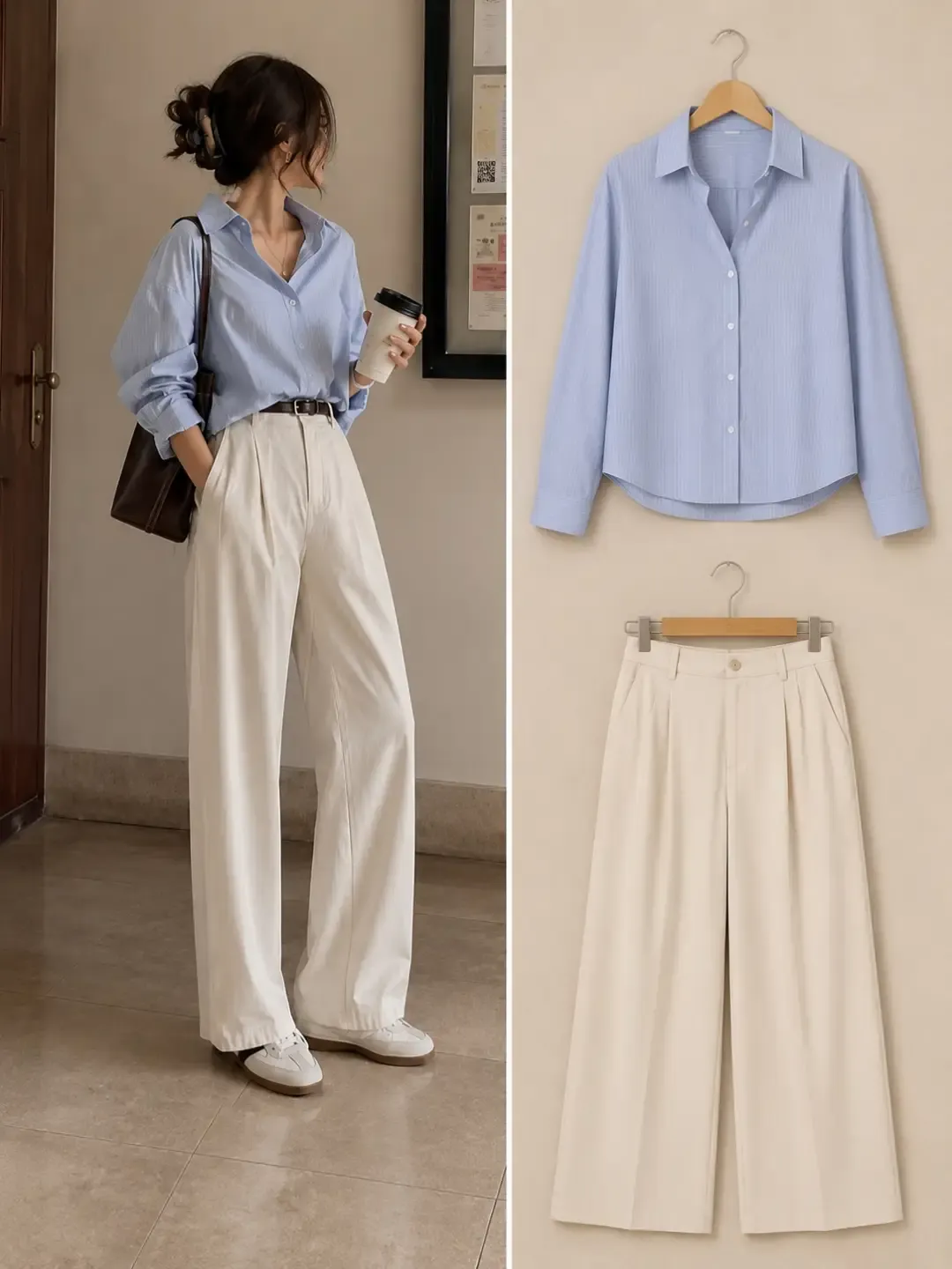 Chic Neutral Tones Beige Button-Down & Espresso Wide-Leg Trousers - Image 4