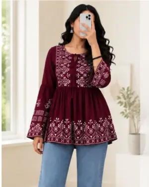 Exquisite Maroon Embroidered Peplum Tunic
