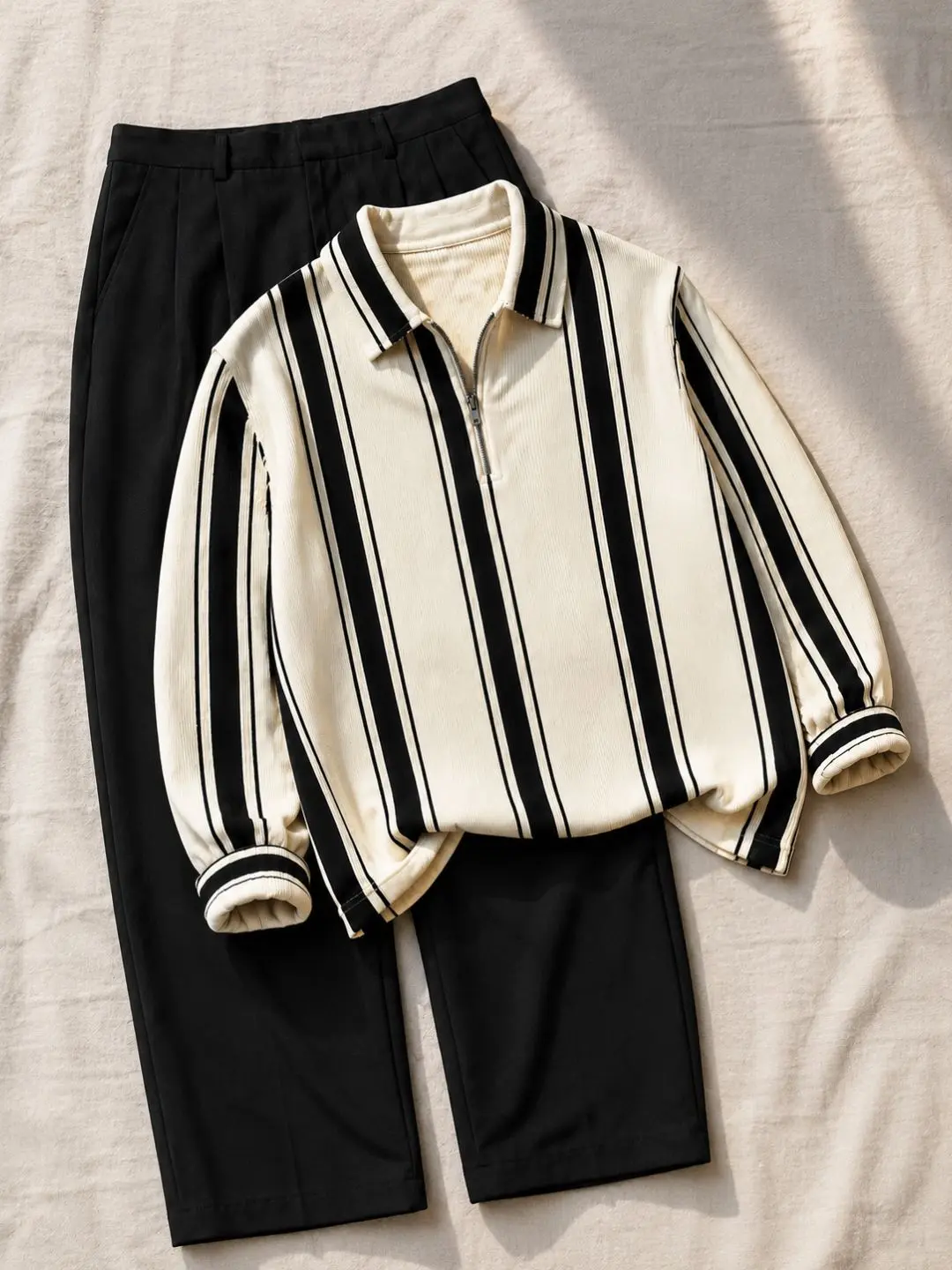 Sophisticated Emerald and Black Striped Zip-Neck Co-Ord Set - Image 2