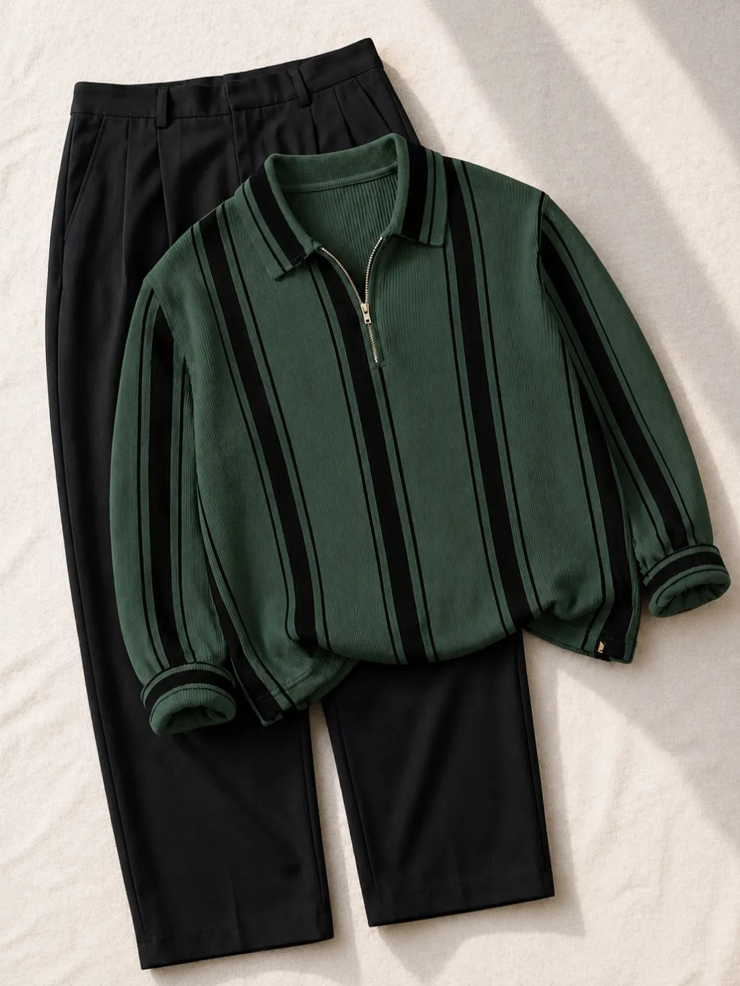 Sophisticated Emerald and Black Striped Zip-Neck Co-Ord Set