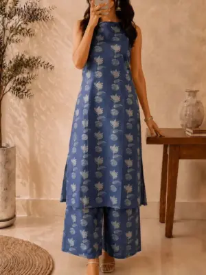 Ethereal Indigo Floral Sleeveless Kurta & Wide-Leg Palazzo Co-Ord Set