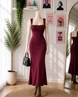 Sophisticated Maroon Ruched-Bust Midi Evening Gown