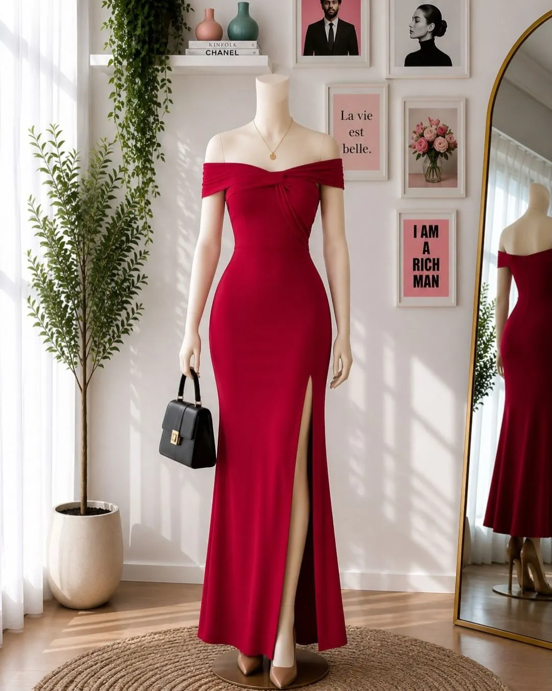 Sophisticated Maroon Ruched-Bust Midi Evening Gown - Image 3