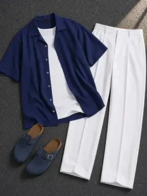 Navy Blue Textured Overshirt & Crisp White Trousers Ensemble