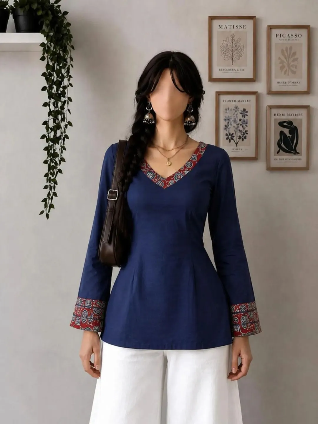 Midnight Blue Gold Motif Fusion Tunic Top - Image 5
