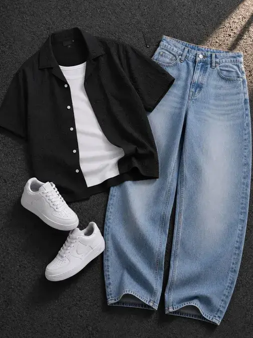 Navy Blue Textured Overshirt & Crisp White Trousers Ensemble - Image 2