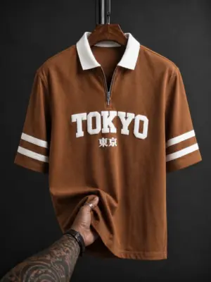Men Brown Tokyo Print Half-Zip Polo Shirt