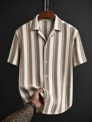 Men Brown and White Striped Cuban Collar Short-Sleeve Shirt