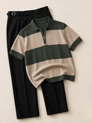 Men Colorblock Zip-Polo and Black Trousers Outfit Set