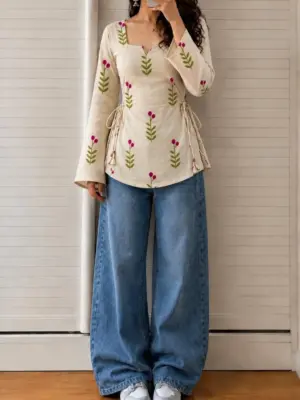 Women Floral Embroidered Peplum Top and Denim Outfit