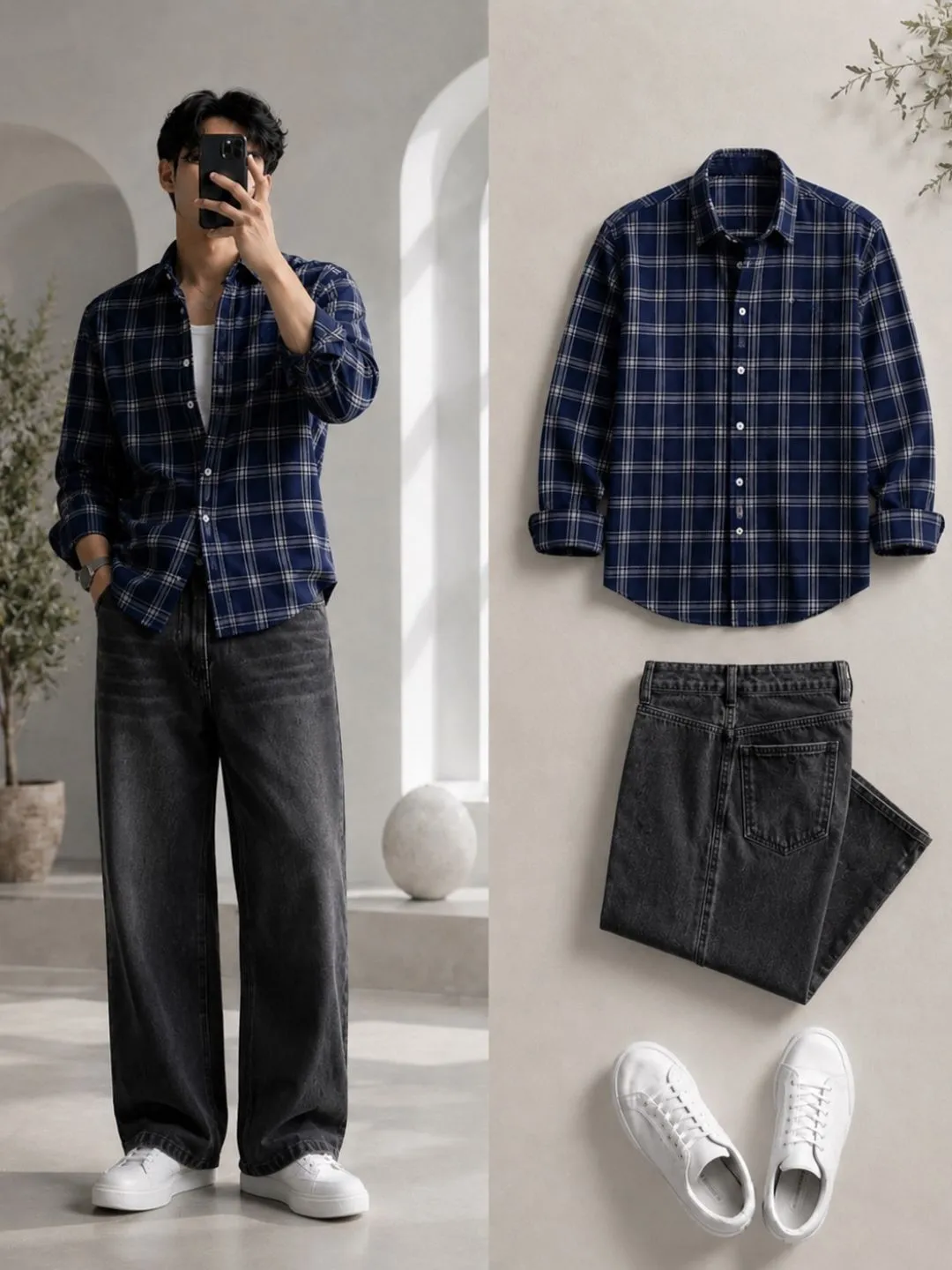 Men Blue and White Vertical-Striped Full-Sleeve Shirt with Black Jeans - Image 3