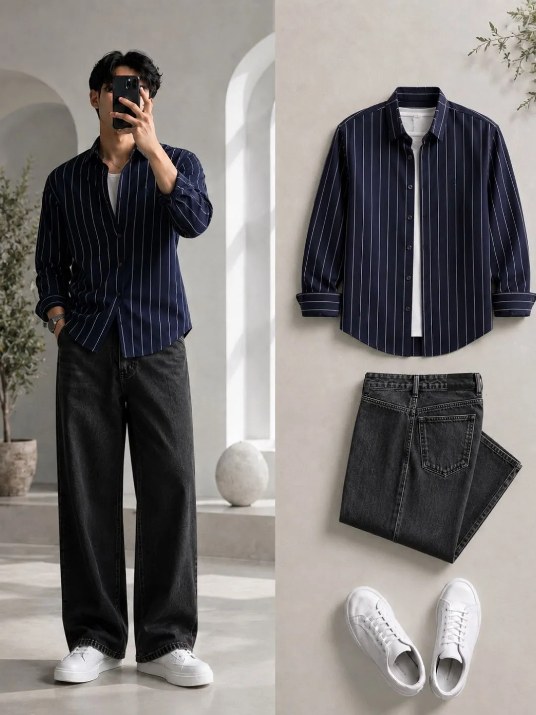 Men Blue and White Vertical-Striped Full-Sleeve Shirt with Black Jeans - Image 5