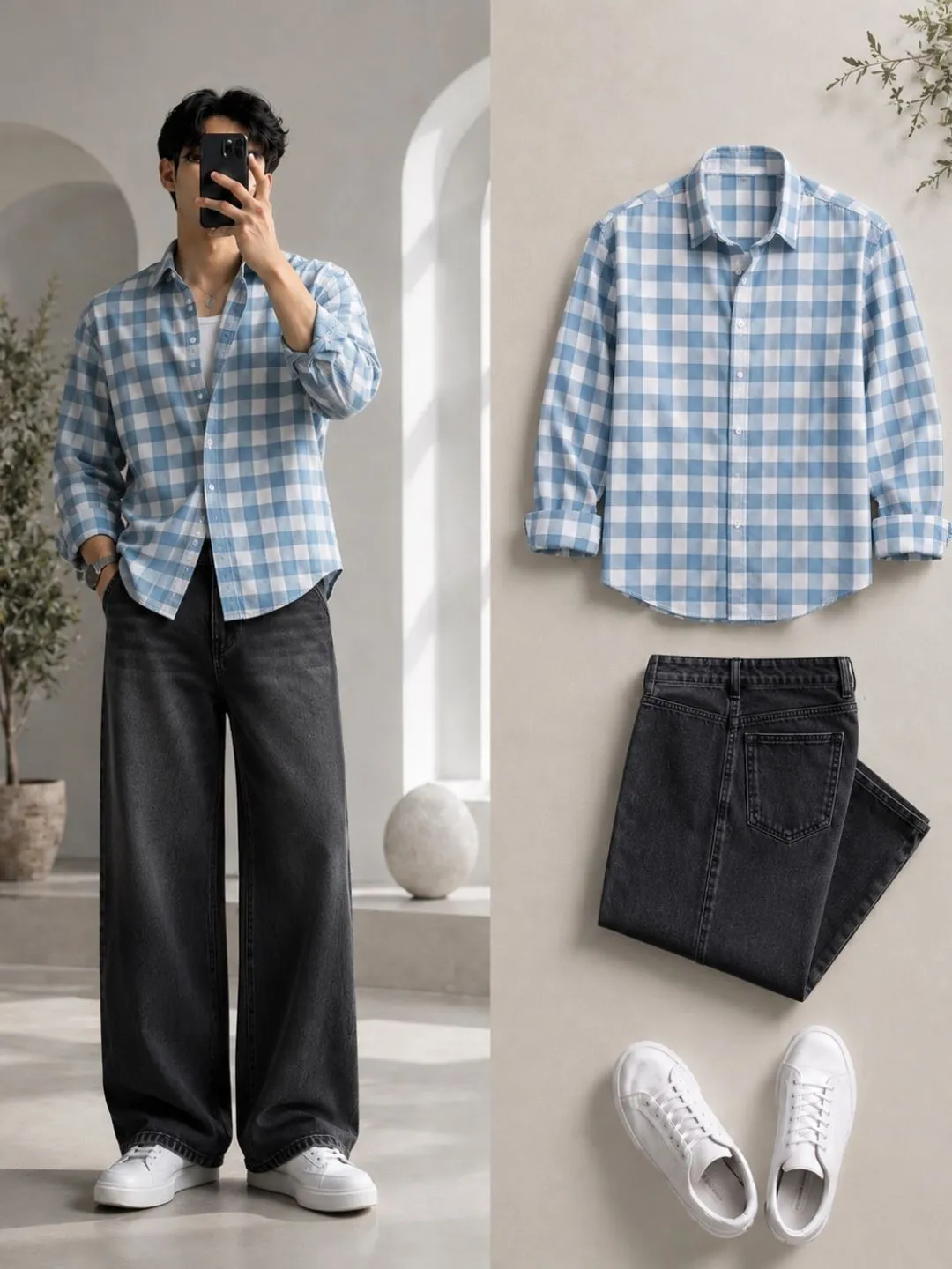 Men Blue and White Vertical-Striped Full-Sleeve Shirt with Black Jeans - Image 4