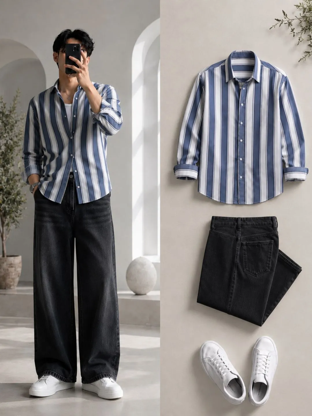 Men Blue and White Vertical-Striped Full-Sleeve Shirt with Black Jeans