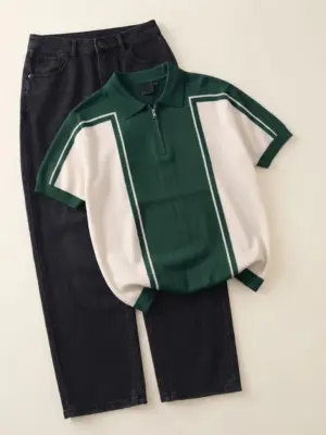Men Green/White Contrast Panel Half-Zip Polo Shirt with Black Jeans Set