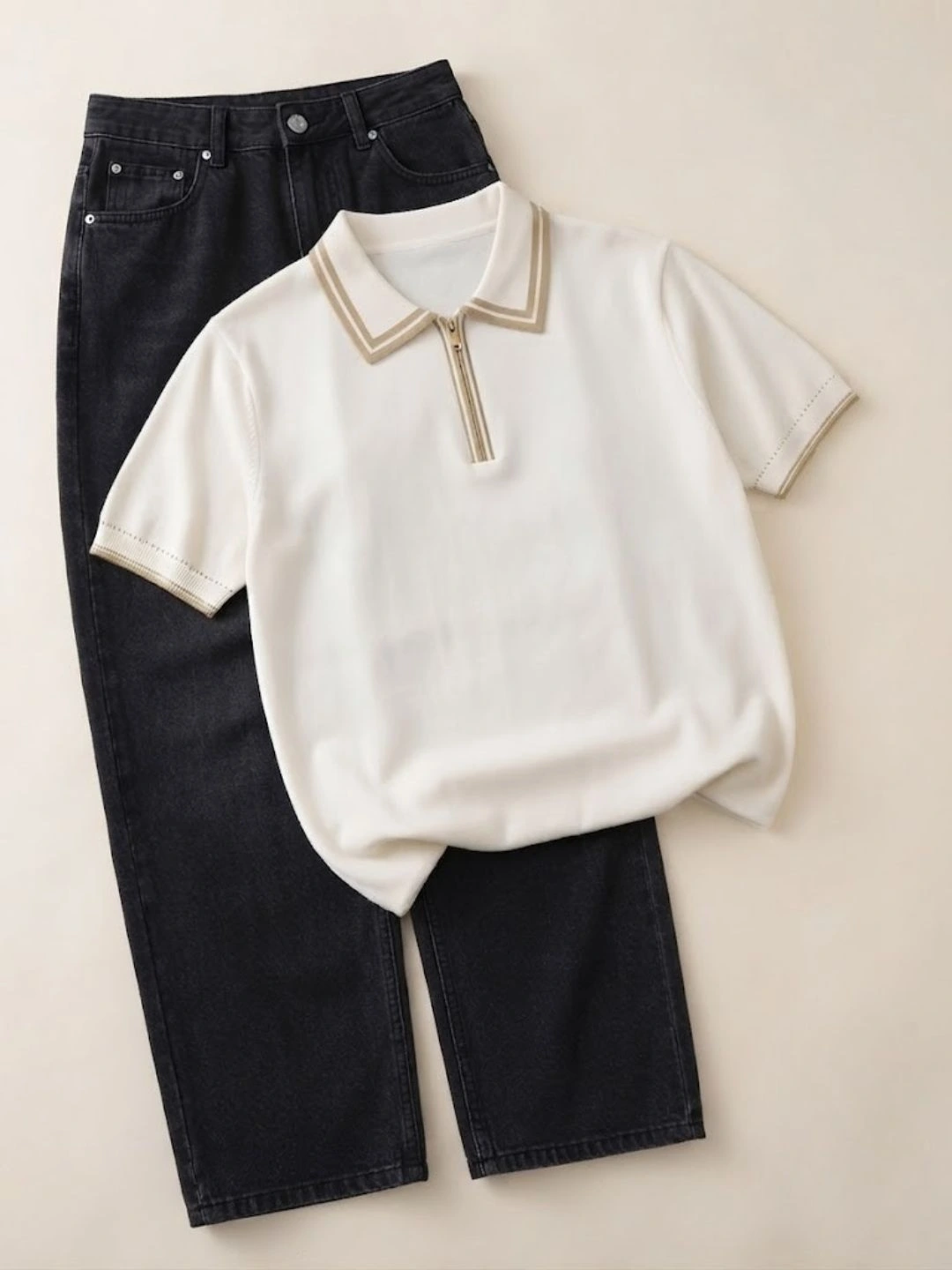 Men Green/White Contrast Panel Half-Zip Polo Shirt with Black Jeans Set - Image 3