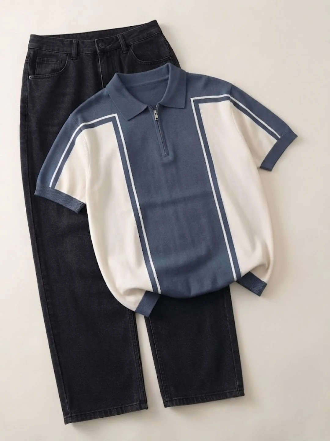 Men Green/White Contrast Panel Half-Zip Polo Shirt with Black Jeans Set - Image 2