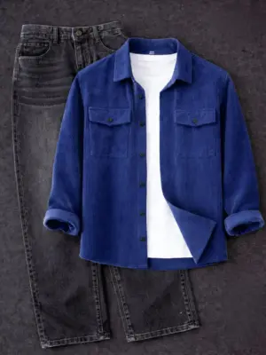 Men Royal Blue Corduroy Long-Sleeve Overshirt with White Tee