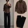 Men Brown Striped Full-Sleeve Shirt with Black Trousers Outfit Set