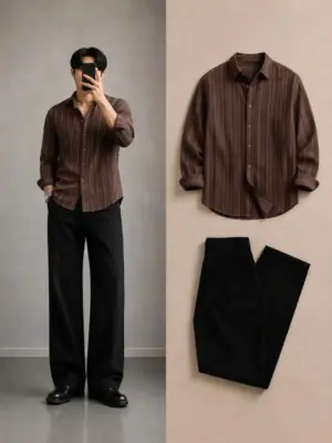 Men Brown Striped Full-Sleeve Shirt with Black Trousers Outfit Set