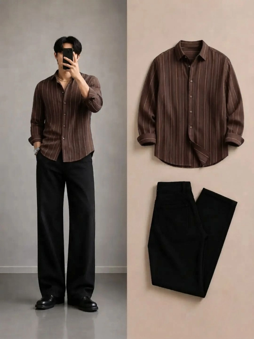 Men Brown Striped Full-Sleeve Shirt with Black Trousers Outfit Set