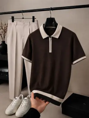 Men Brown Half-Zip Knit Polo Shirt with Beige Trousers Outfit Set