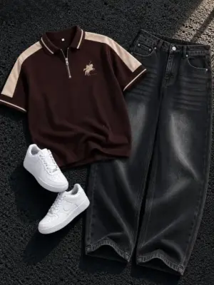 Men Brown Zip-Collar Polo Shirt with Black Acid-Wash Jeans