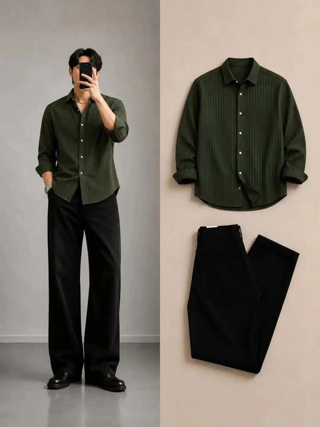 Men Brown Striped Full-Sleeve Shirt with Black Trousers Outfit Set - Image 3