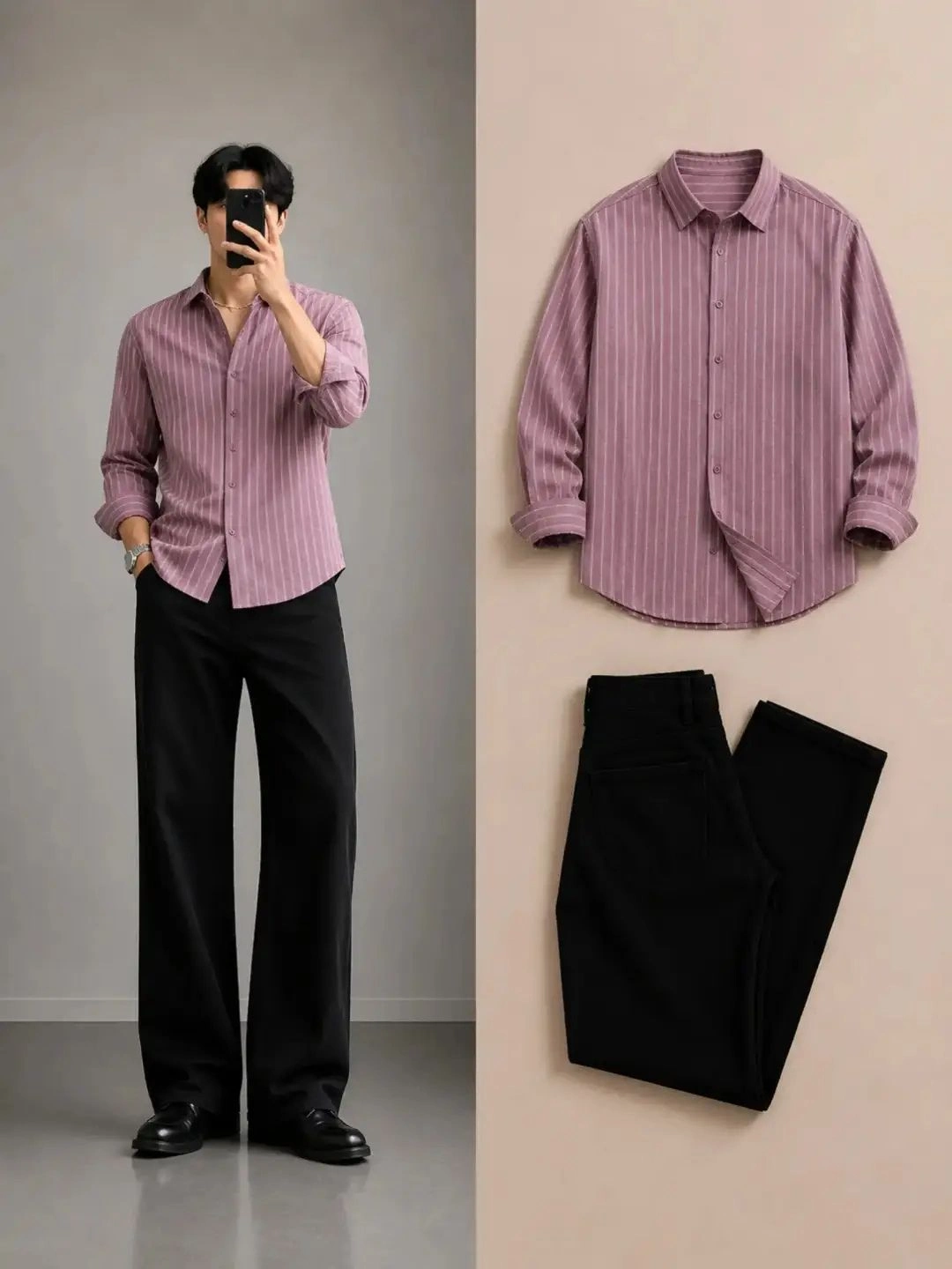 Men Brown Striped Full-Sleeve Shirt with Black Trousers Outfit Set - Image 2