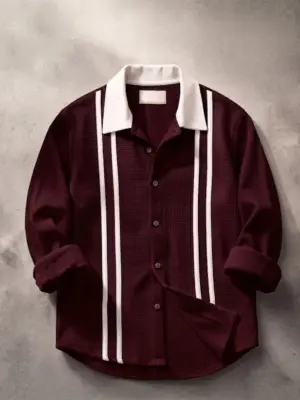 Long-Sleeve Waffle Knit Button-Down Shirt with Contrast Collar and Vertical Stripes