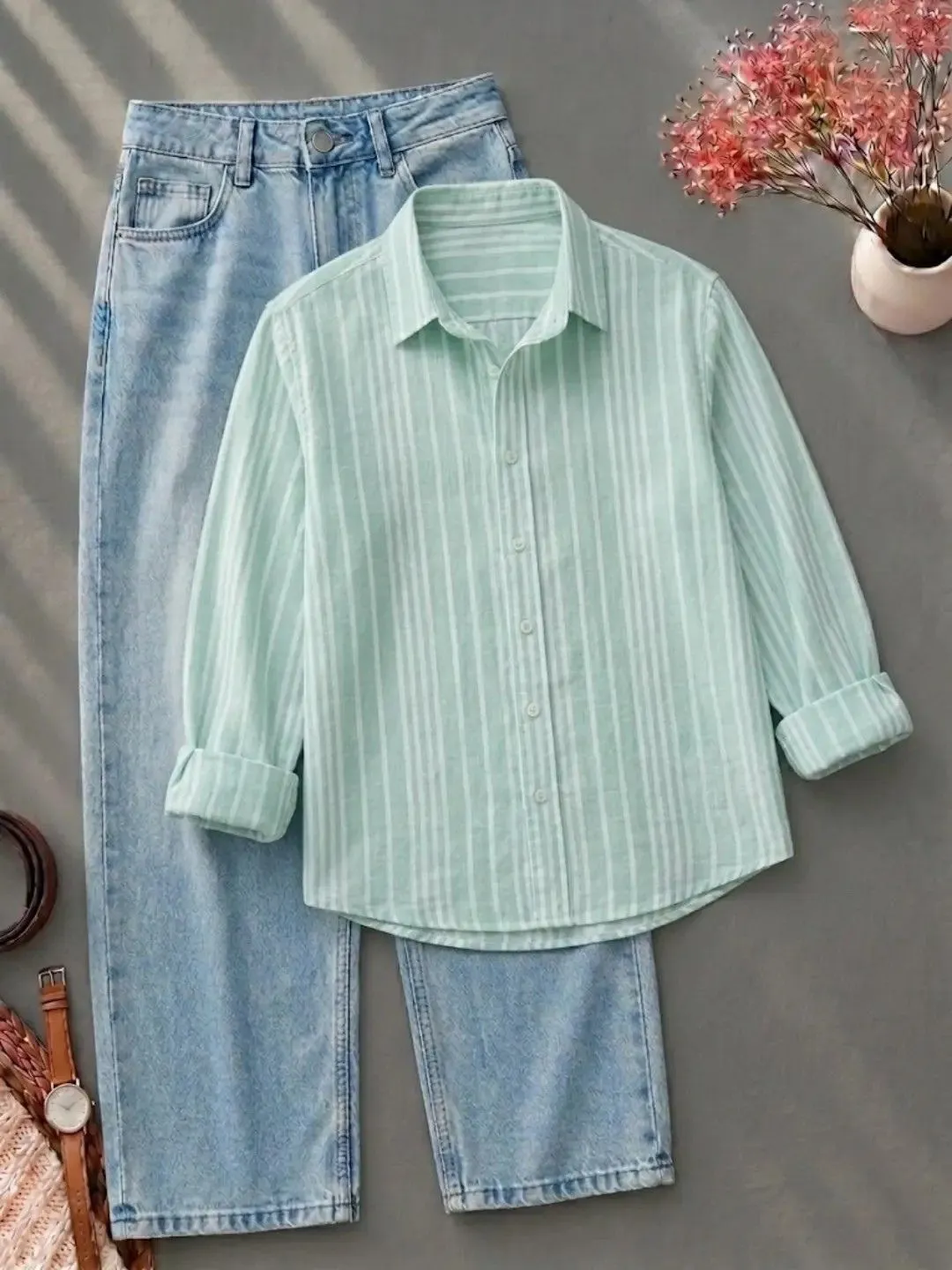 Long-Sleeve Vertical Striped Button-Down Shirt and Jeans Combo - Image 3
