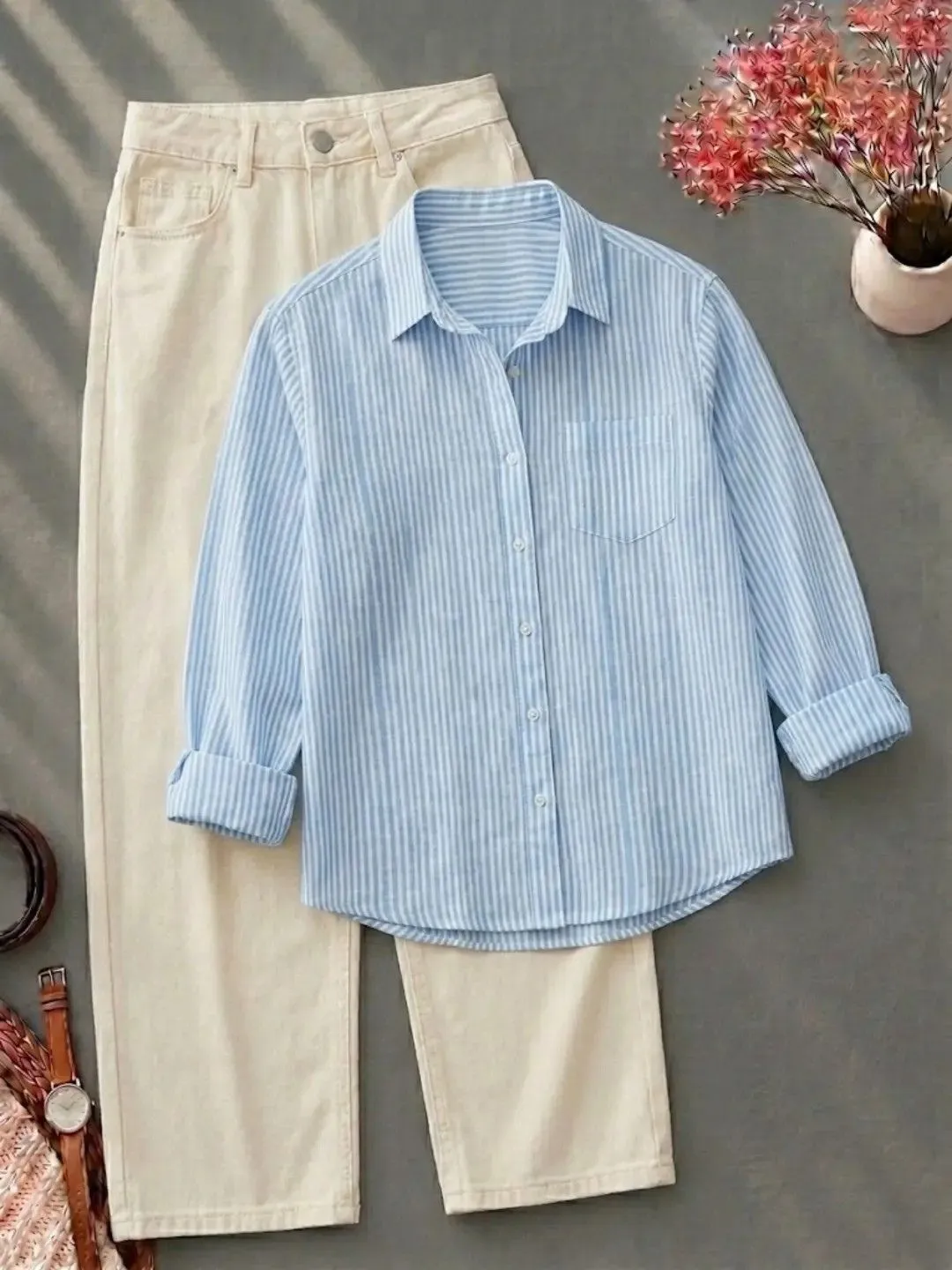 Long-Sleeve Vertical Striped Button-Down Shirt and Jeans Combo - Image 2