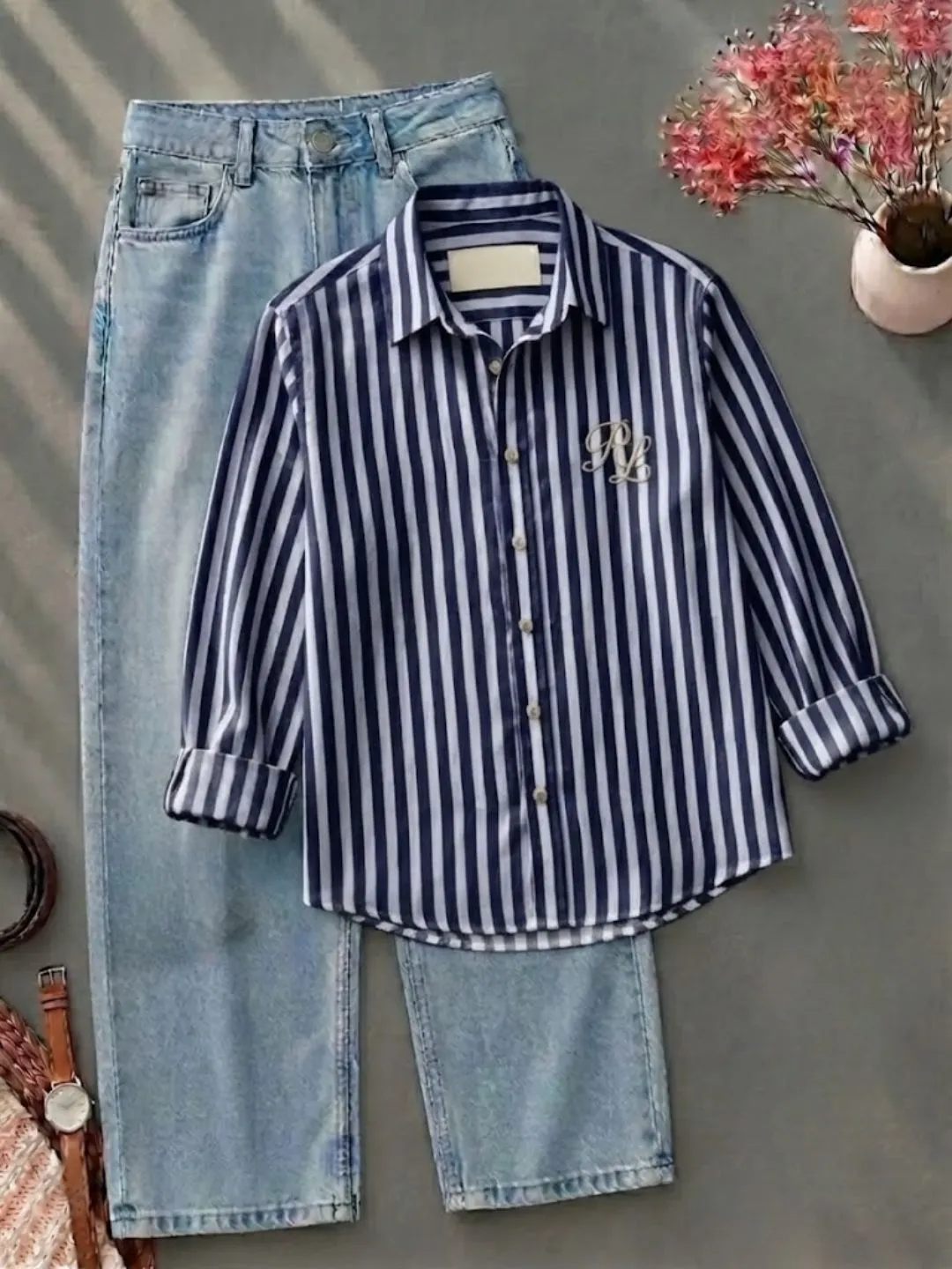Long-Sleeve Vertical Striped Button-Down Shirt and Jeans Combo - Image 4