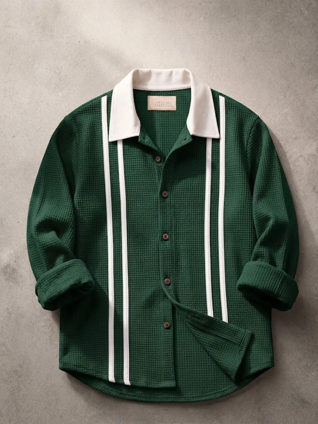 Long-Sleeve Waffle Knit Button-Down Shirt with Contrast Collar and Vertical Stripes - Image 3
