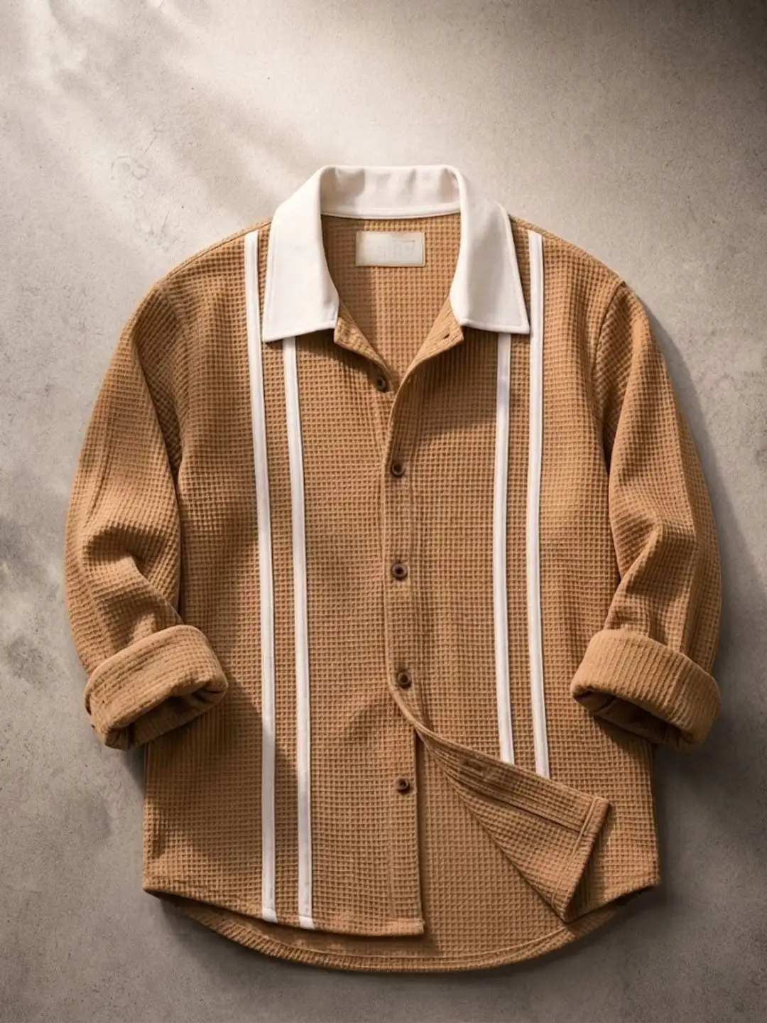 Long-Sleeve Waffle Knit Button-Down Shirt with Contrast Collar and Vertical Stripes - Image 2