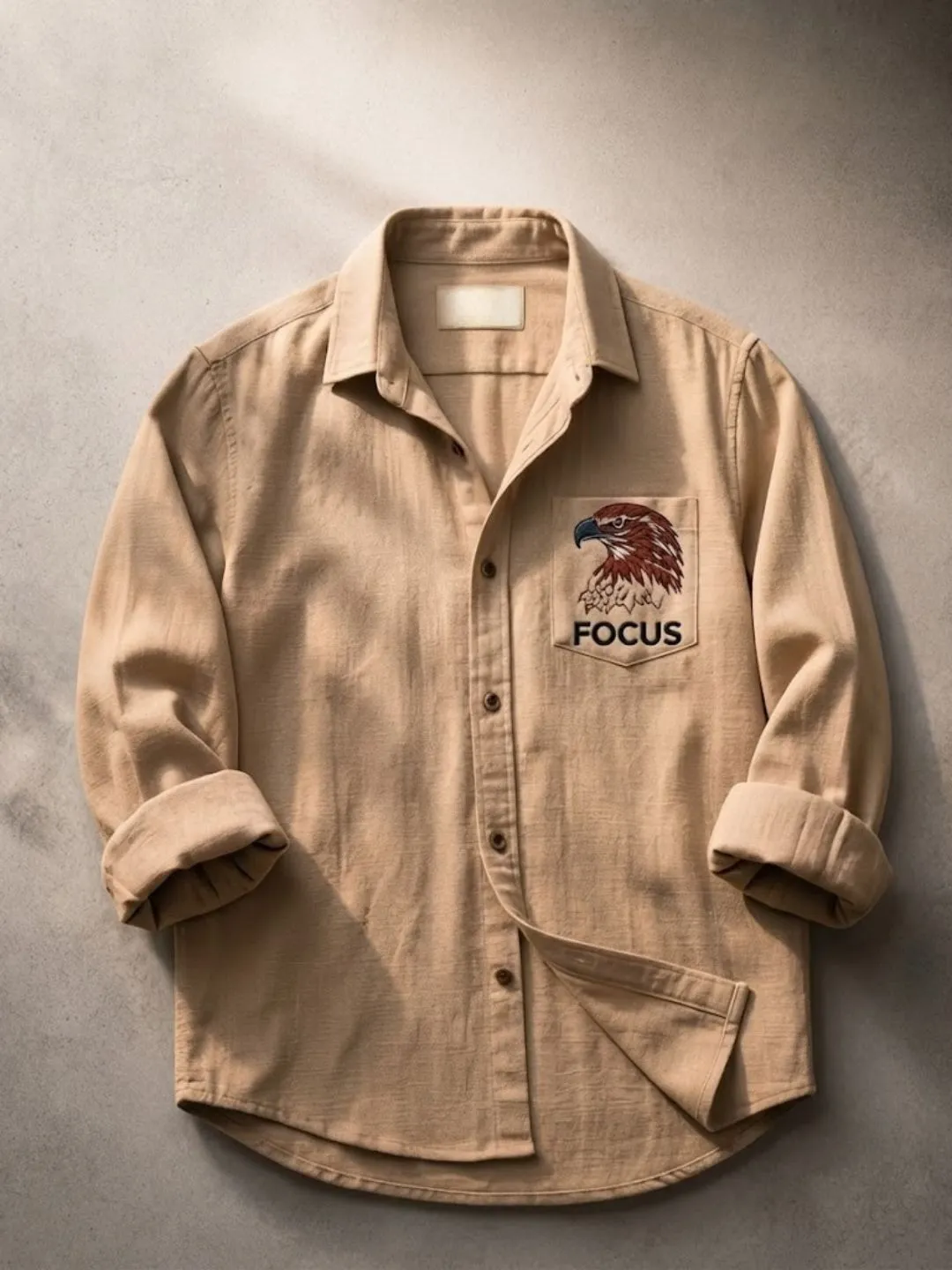 Long-Sleeve Button-Down Shirt with Eagle Focus Chest Pocket Embroidery