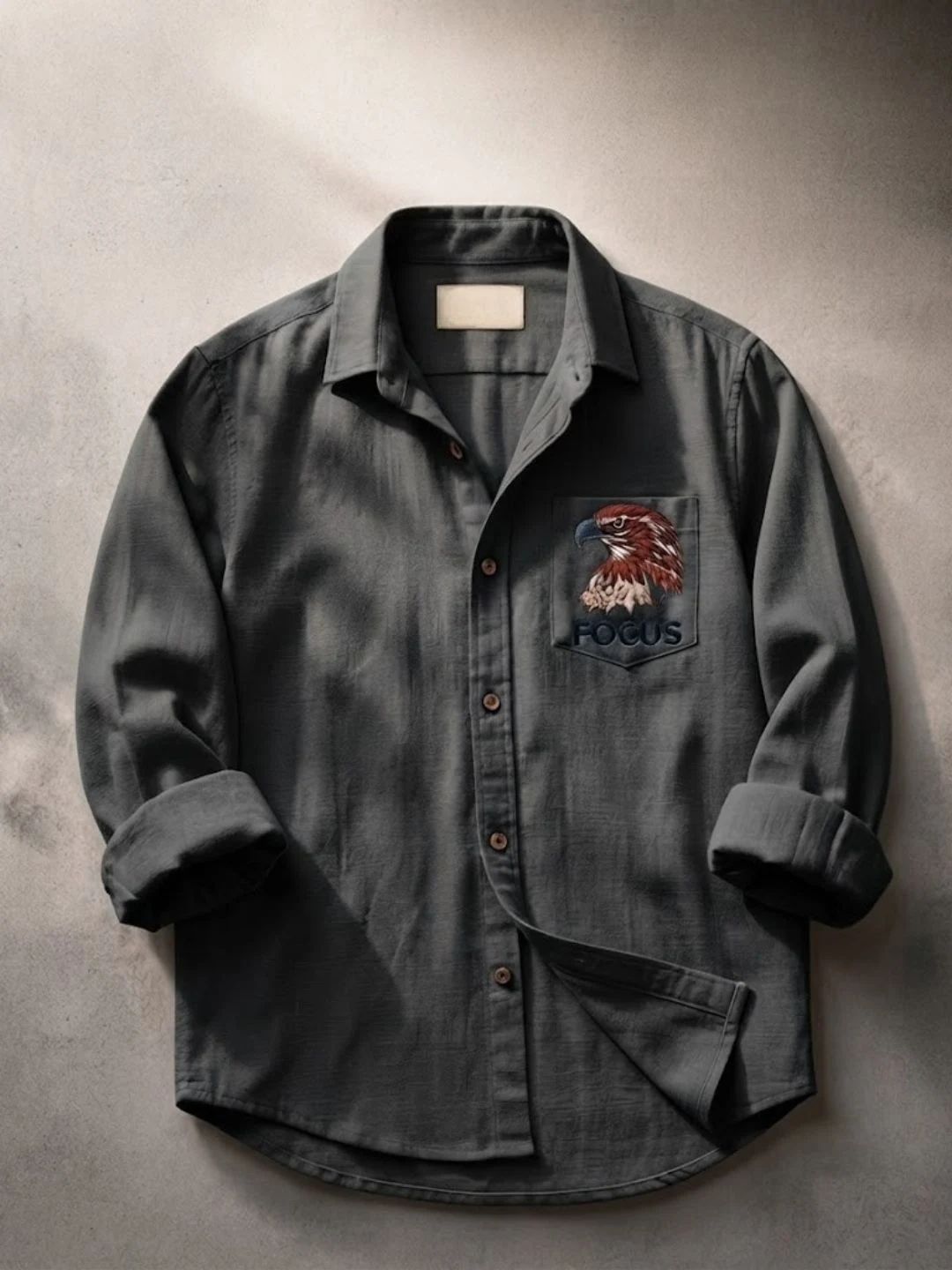 Long-Sleeve Button-Down Shirt with Eagle Focus Chest Pocket Embroidery - Image 3