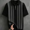 Short-Sleeve Vertical-Striped Texture Knit Polo with Quarter-Zip Placket