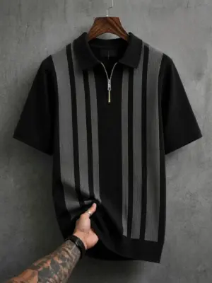Short-Sleeve Vertical-Striped Texture Knit Polo with Quarter-Zip Placket