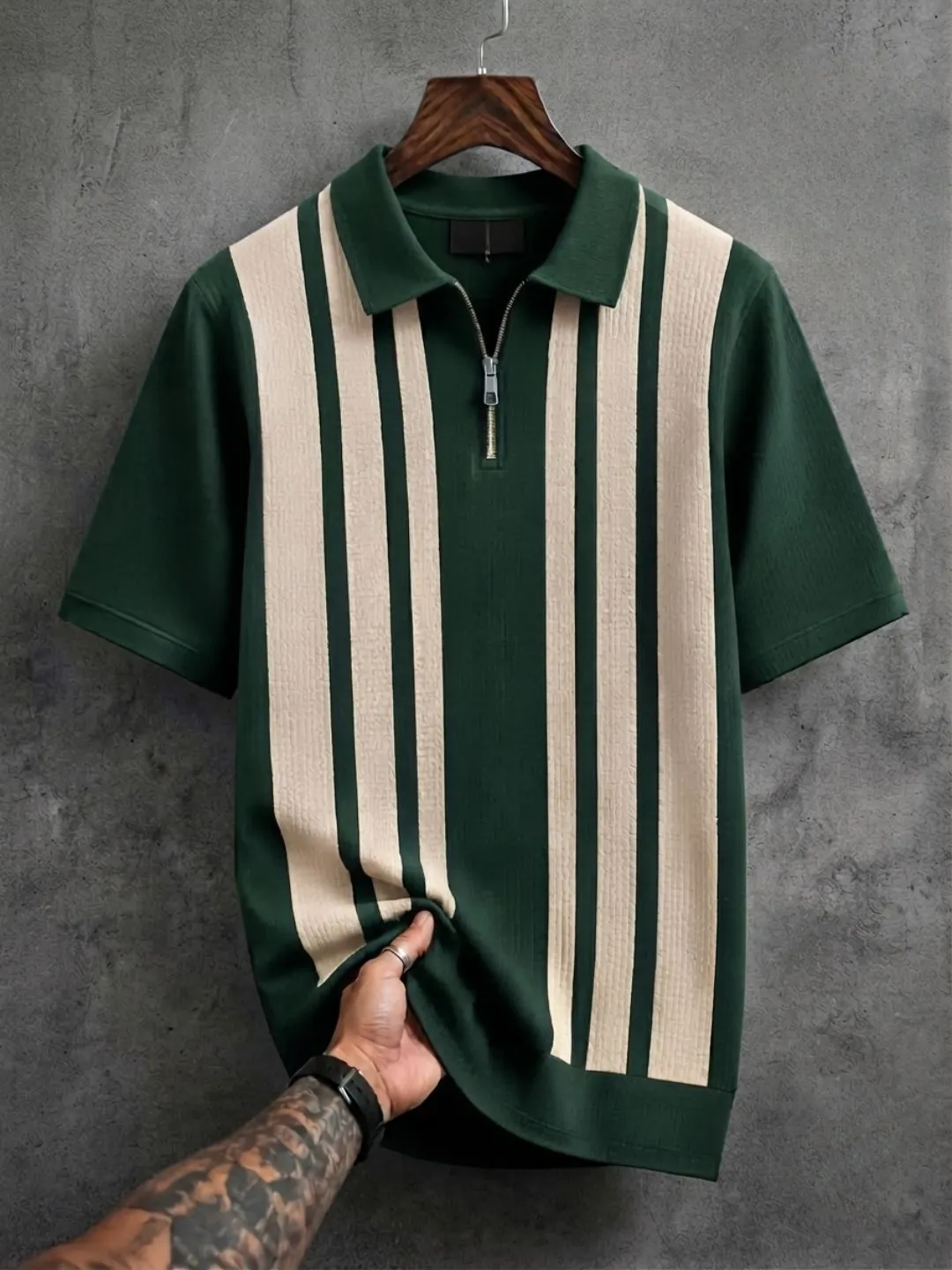 Short-Sleeve Vertical-Striped Texture Knit Polo with Quarter-Zip Placket - Image 2