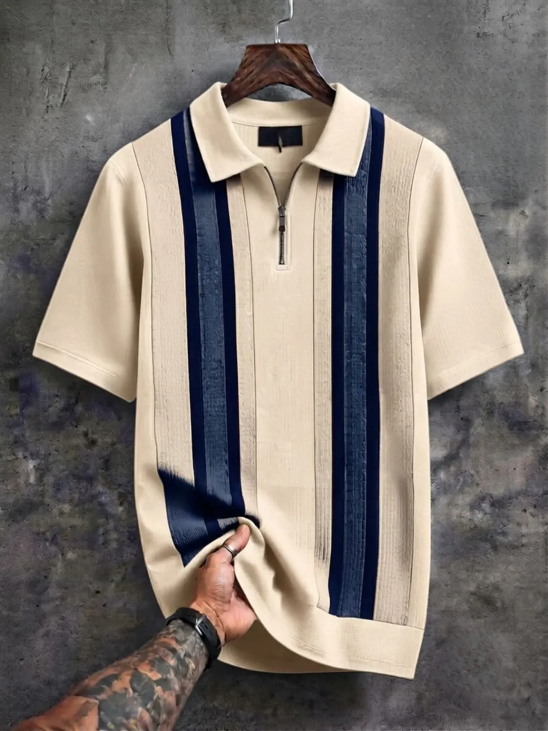 Short-Sleeve Vertical-Striped Texture Knit Polo with Quarter-Zip Placket - Image 3
